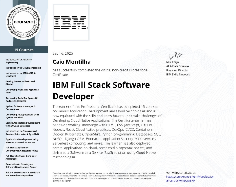 IBM Full Stack Software Developer Specialization Certificate